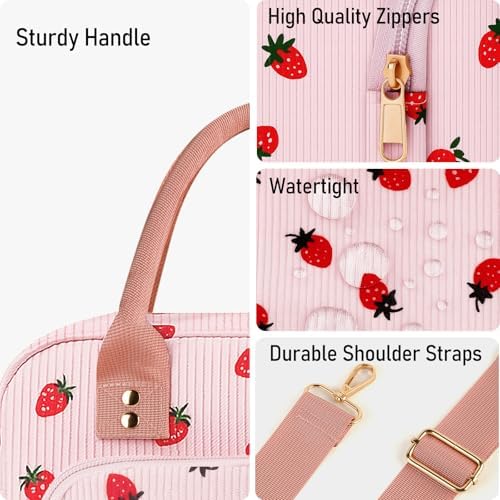Lunch Bag Large Insulated Lunch Box for Women Adult Cute Pink Strawberry Lunchbox Corduroy Lunch Bags Boxes Pail with Shoulder Strap for Work Mom Picnic Office Travel 11.4×6.8×9.1 inches 11.5L