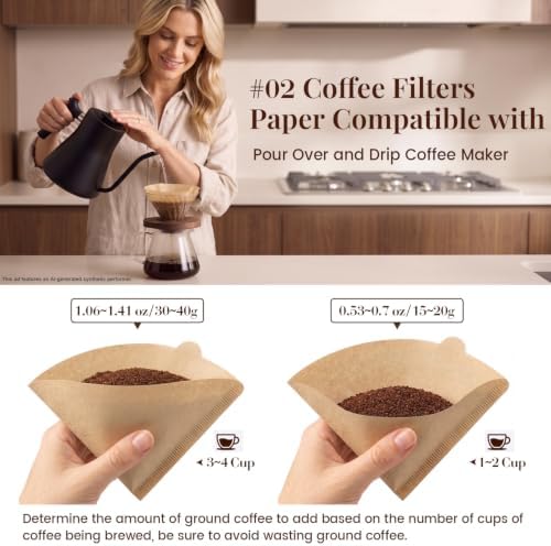 Clinuse 100Pcs Cone Coffee Filters #2, Unbleached Size 02 Coffee Filter
