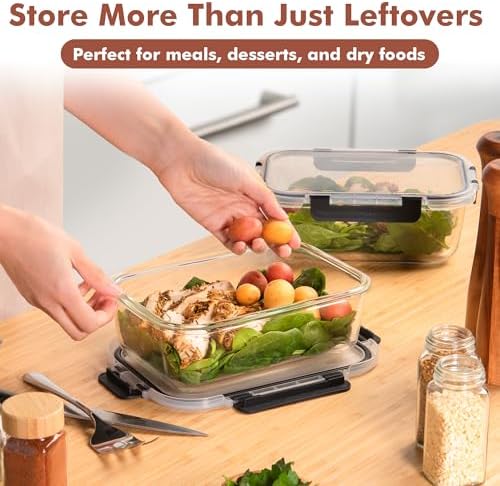 Razab 2 Pcs 1860ml / 63 Oz Large Glass Food Storage Containers with Lids - Glass Meal Prep Containers with Locking Lids for Roasting, Storing Leftover, Lunch Container, BPA Free, Microwave & Oven Safe