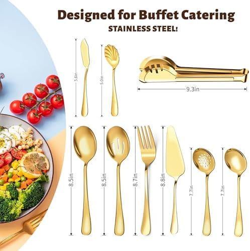 Serving Utensils Set for Buffet, 18 Pack Stainless Steel Serveware, Gold
