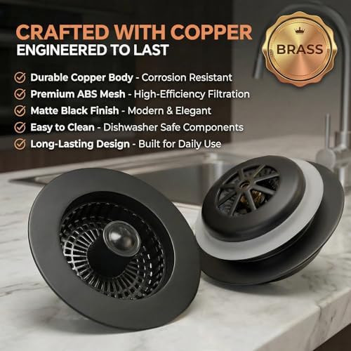 Kitchen Sink Stopper, 3 in 1 Pop Up Kitchen Sink Drain Strainer, with an Extra Basket Strainer, Sink Drain Stopper for US Standard 3-1/2 Inch, Brass Material Electroplate (Black 2pcs)