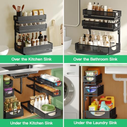 Under Sink Organizer, 2-Pack 3-Tier Pull Out Cabinet Organizers and Storage