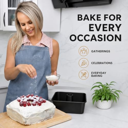 One-Piece Square Tube Cake Pan, 18 Cup, Anodized Aluminum, 9 x 9 x 4.5 in, Seamless Design, Easy Release, Even Heat, for Angel Food, Chiffon, Sponge, Mile High & Pound Cakes (Black)