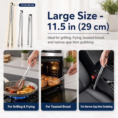 Stainless Steel Kitchen Tongs Set of 3, 6-11.5in Non-Slip Silver