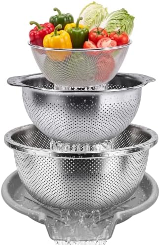 Stainless Steel Colander Set with Self-Draining Base for Edge of Sink