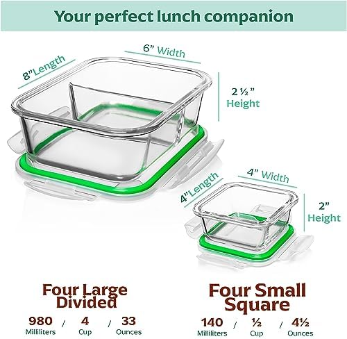 Fusion Gourmet - Glass Prep Containers - 8 Pack 2 Compartment 33 oz