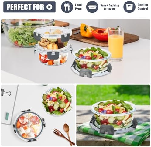 6 Pack 13oz Small Round Glass Meal Prep Containers with Airtight Lids