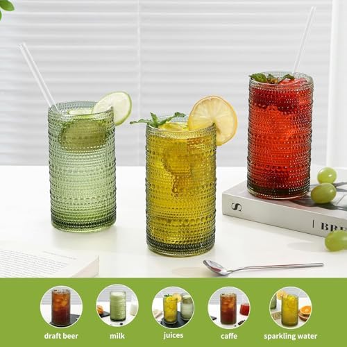 16oz Green Hobnail Drinking Glasses with Straws Set of 12, Highball Glasses Cups, Kitchen Water Glasses Cup, for Cocktail, Juice, Whiskey, Milk and Various Mixed Drinks