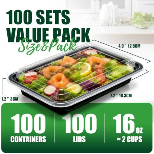 100 Pack (200-Piece) 16oz Meal Prep Containers with Lids Reusable Food Containers Leakproof & Microwave, Freezer, Dishwasher Safe Durable Plastic Storage Containers Bento Box for To Go Take Out Black