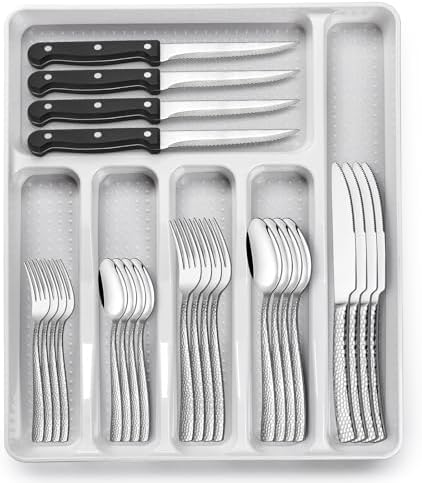 49-Piece Hammered Silverware Set with Organizer, Food-Grade Stainless Steel Flatware for 8, Cutlery Utensil Sets with Steak Knives, Rust-proof, Mirror Polished, Dishwasher Safe, Wave Hammered