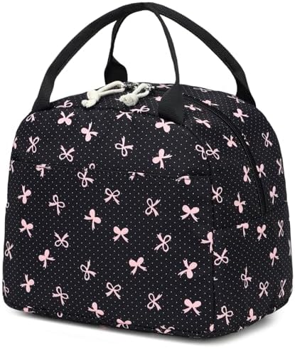 Bluboon Lunch Box for Women Cute Lunch Bag Reusable Insulated Lunch Bags Large Capacity Lunchbox Cooler for Work Picnic or Travel Gifts (Pink Bow Black 6, 10 x 7.5 x 8 inches)