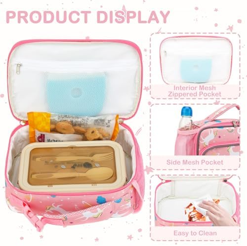 FlowFly Kids Lunch box Insulated Soft Bag Mini Cooler Back to School Thermal Meal Tote Kit for Girls, Boys,Unicorn