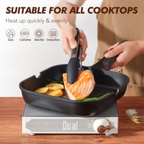 SENSARTE Nonstick Grill Pan with Lid, Grill Pan for Stove Tops, Versatile Griddle with Pour Spouts, Square Big Cooking Surface, Durable Skillet Indoor & Outdoor Grilling. PFOA Free