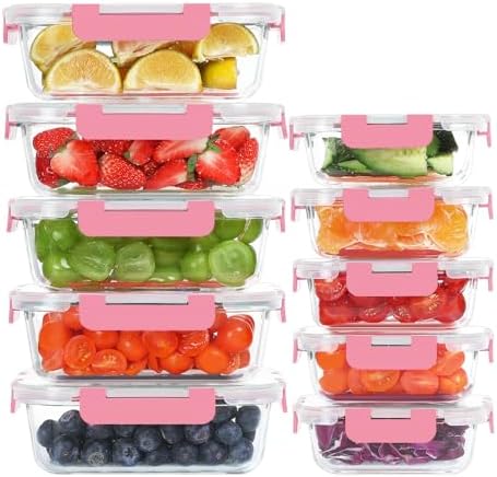 KOMUEE 10 Pack Glass Food Storage Containers with Lids, Pink