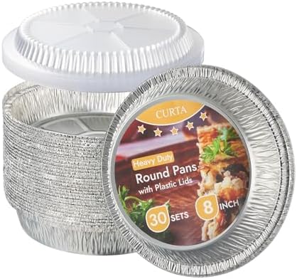 CURTA 8" Round Aluminum Foil Pans with Clear Lids | Heavy Duty | Great for Broiling, Baking, Storage, Roasting, Takeout, Air Fryer | 30 Pack