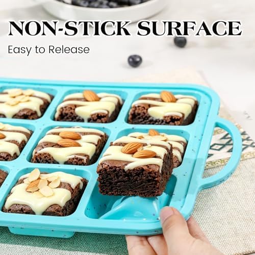 Vinino Silicone Brownie Pan with Dividers, 12-Cup Metal Frame, Aqua Blue