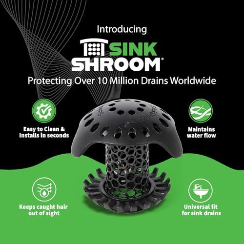 SinkShroom Ultra Bathroom Sink Drain Protector, Stainless Steel, Matte Black, Hair Catcher with Multiple Drain Adapters