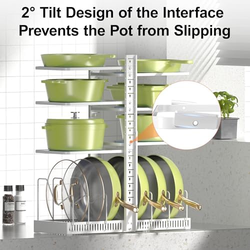 LAMU Pots and Pans Organizer under Cabinet, Pan Pot Organizers inside Cabinet with 6 Shelves and Pot Lid Organizer, Adjustable Height Up to 24", Holds up to 12 Pans, Lightweight Pots, White