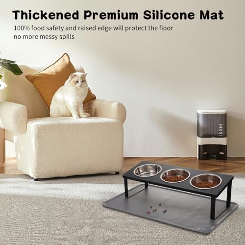 Summark Upgraded Elevated Cat Bowls with Food Mat,15°Tilted Stand Anti Vomiting Raised Cat Dishes for Food and Water,3 Stainless Steel Bowls for Cats and Puppy（Black）