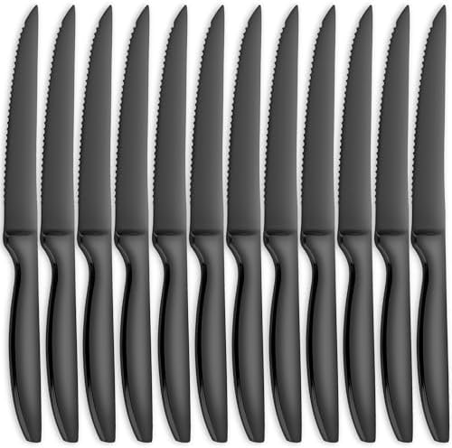 Black Steak Knives Set of 12, Kitchen Serrated Steak Knife Stainless Steel