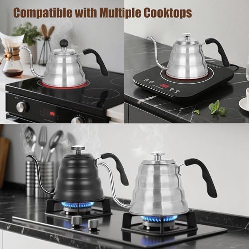 Tea Kettle For Stovetop,Gooseneck Pour Over Kettle,Thermometer,40oz,Silver