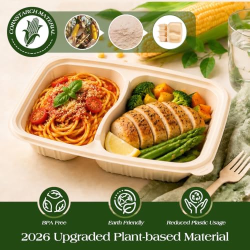 100 Piece (50 Pack) Meal Prep Containers Reusable - 2 Compartment 32 oz Cornstarch Snack Containers with Lids - Plastic Food Storage Salad Containers - To Go Lunch Box - Microwave & Freezer Safe