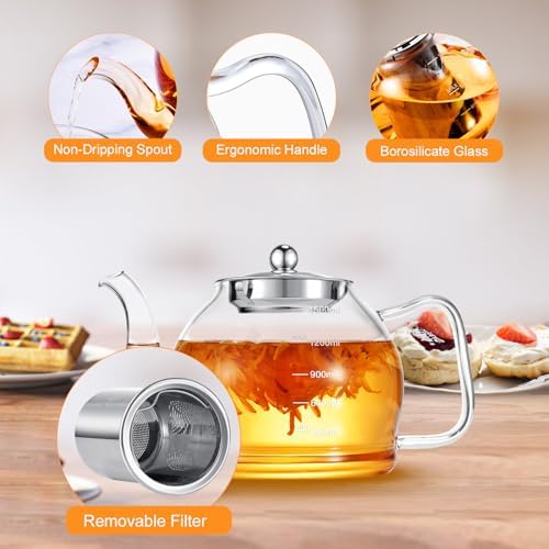 STNTUS Glass Teapot, 52 oz/1500 ml for Loose Tea, Teapot with Infusers for Loose Tea, Stainless Steel Strainer, Tea Pot for Stove