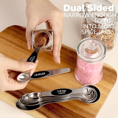 ChefAide Set of 8 Magnetic Measuring Spoons, Stainless Steel, Dual Sided