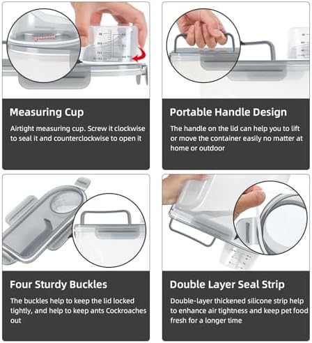 LEAWALK 3+5LBS 2Pack Cat Dog Food Storage Container Upgraded Large Nozzle BPA-free, Plastic Pet Food Containers, With 4 Sealed Clasps/1 Measuring Cup/Handle Easy Clean and Carry (Clear Grey)