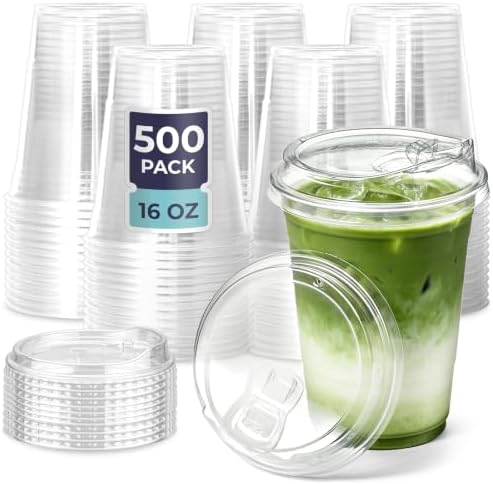 Fit Meal Prep [500 Pack] Disposable Strawless Plastic Cups with Lids - 16 Oz Clear and Sippy Lids, Perfect Eco-Friendly To Go for Iced Coffee, Smoothies, Soda Party Drinks Cafe Essentials