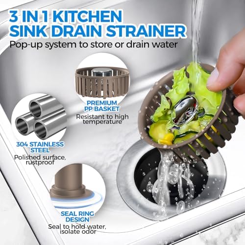 zaa 3 in 1 Kitchen Sink Drain Strainer Stopper Removable Basket Pop-Up