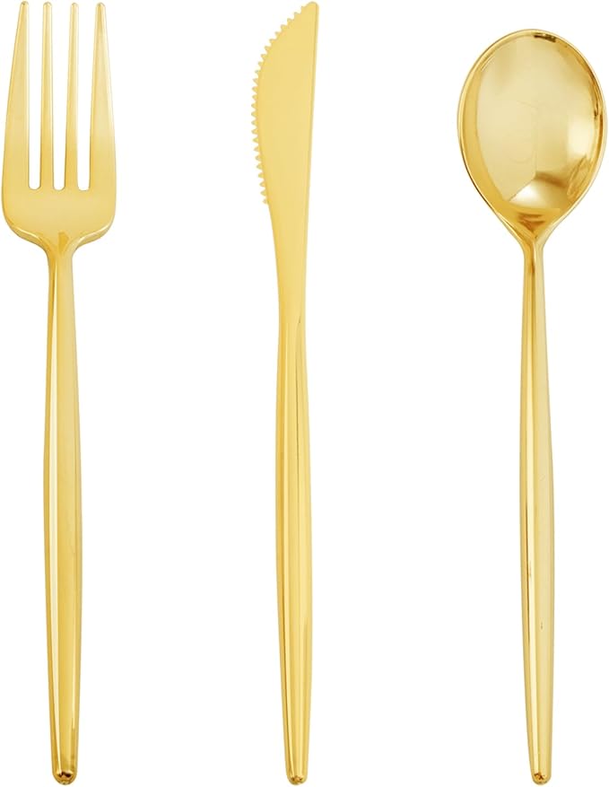 Supernal 180PCS Gold Plastic Silverware Gold Silverware Disposable Cutlery Plastic Utensils Heavy Duty Disposable Utensils Includes: 60 Knives, 60 Forks and 60 Spoons for Party, Birthday, Wedding