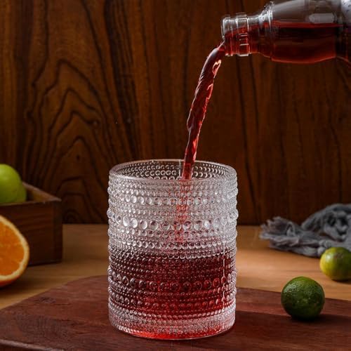 HomeVogue Hobnail Drinking Glasses Set of 6,12 oz Vintage Glassware Set Cocktail Glass Set, Embossed Clear Water Tumbler,for Beer, Whiskey,Juice and Various Mixed Drinks (12oz Clear)