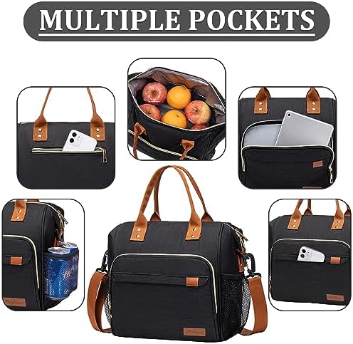 Black Lunch Box for Women Insulated Lunch Bag for Work - Adult Stylish Lunch Tote Bag for Shopping Soft Cooler for Beach Picnic Travel