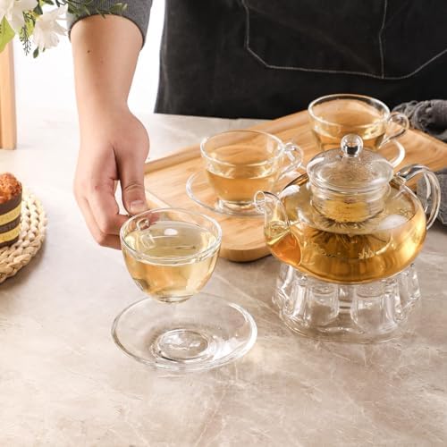 Glass Teacup and Saucer Set, 6 Pack Coffee Mug with Stainless Steel Spoon Suitable for Espresso Juice Cappuccino and More Beverage, 7OZ/210ML, Clear