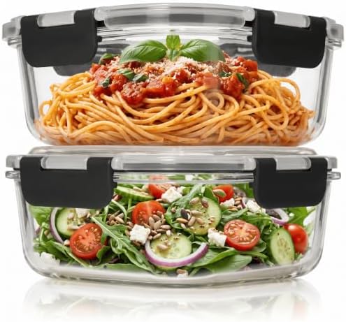 Razab 2 PC 1200ML / 41 Oz Glass Food Storage Containers with Lids - Airtight & Leakproof - Microwave/Oven/Freezer Safe - BPA Free - Ideal for Meal Prep, Storing Leftover & Lunch