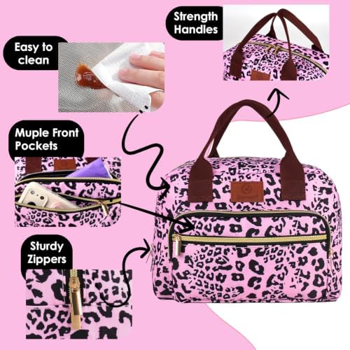 Insulated Lunch box for Women,Leakproof Quilted Thermal Lunch Bag, 14L Large Capacity Lunch Tote Bag Lightweight LunchBox Cooler for Work, School, Picnic or Travel with 2 Front Pocket-Leopard print