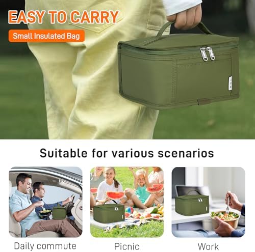 NOL Small Lunch Bag Mini Lunch Box Insulated Lunch Bag for Men/Women Leakproof Cooler Tote Bag Lightweight Nylon Waterproof Lunch Box For Work, Amy green