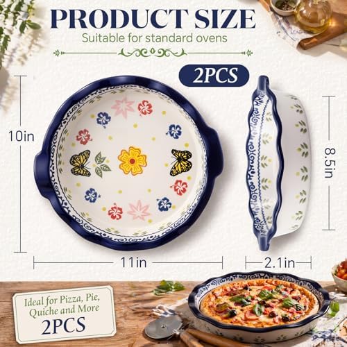 Uiifan Ceramic Casserole Dishes Vintage Pie Pan Bakeware Butterfly and Flower Pattern Plate Lasagna Pans Soup Bowl for Oven, Dishwasher and Microwave Safe(2 Pack,Round Style)