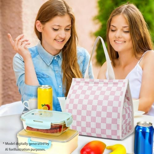 Insulated Lunch Bag for Work, 10.2"x5.9"x10.2" Oxford Waterproof Lunch Tote, Thermal Lunch Box for Office, Picnic & Outdoor, Striped Canvas Tote Bag -Check Pink
