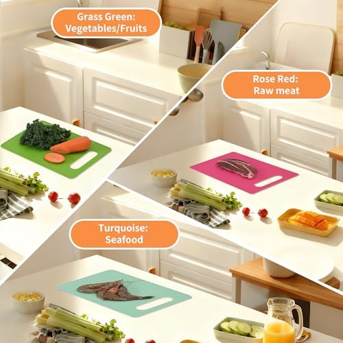 Luckyiren Plastic Cutting Board Set, 4-Piece Small Color-Coded Kitchen Mats