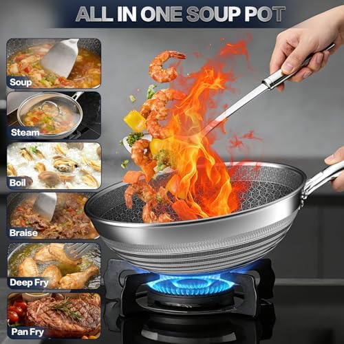 Wok Pan - 304 Stainless Steel Woks & Stir-fry Pans Nonstick - Hybrid 10.8 inch Nonstick Wok with Lid for Induction, All Stoves, PFOA-Free Cookware, Kitchen Essentials, Dishwasher and Oven Safe