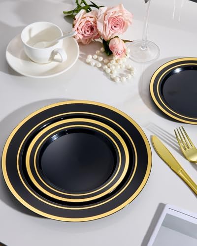 Goodluck 120PCS Black Plastic Plates with Gold Rim