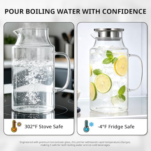 Bivvclaz Short 67.6 oz Glass Pitcher with Lid and Handle, Glass Carafe for Hot/Cold Water, Iced Tea Pitcher for Coffee, Juice and Homemade Beverage