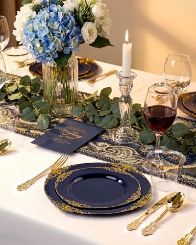 Nervure 350Pcs Blue Plastic Plates, Disposable Dinnerware Set for 50 Guests