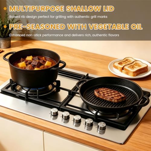 5QT Cast Iron Dutch Oven with Skillet Lid, 2-in-1 Cookware Set