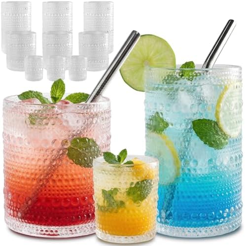 CycleMore 12Pc Vintage Hobnail Drinking Glasses, 12oz 10oz 4oz Clear Cup