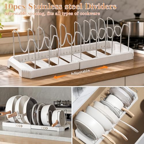 2 Pack Expandable Pots and Pans Organizer Under Cabinet, 13-22" Kitchen Cabinet Organizer with 10 Adjustable Dividers and 10Pcs Pot Protectors for Lids, Baking Sheets & Cookware (2, White)