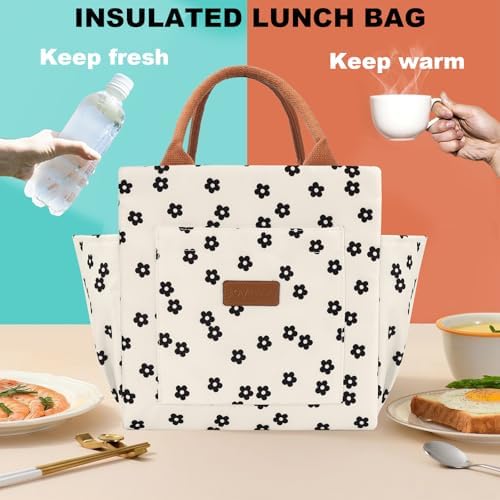 Joymee Insulated Lunch Box for Women Reusable Lunch Bag-Black Little Floral