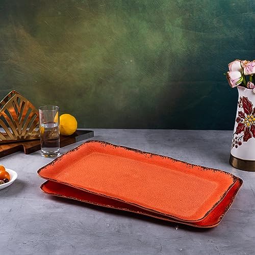 LEHAHA Melamine Serving Tray/Platters Set of 2, 17.5" x 10", 2-Piece Large Rectangular Melamine Platter Set for Serving Food, Orange